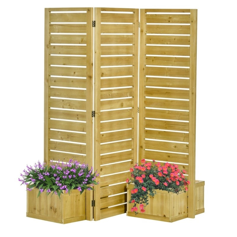3 Panel Fir Wood Outdoor Privacy Screen with 4 Garden Bed Planters - Tampa Home & Garden Store
