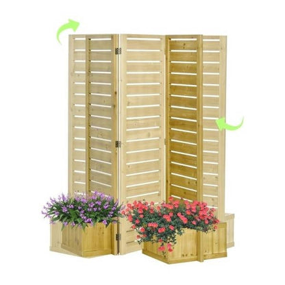 3 Panel Fir Wood Outdoor Privacy Screen with 4 Garden Bed Planters - Tampa Home & Garden Store