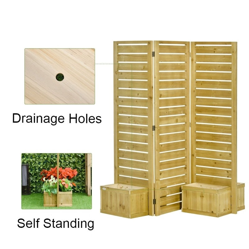 3 Panel Fir Wood Outdoor Privacy Screen with 4 Garden Bed Planters - Tampa Home & Garden Store