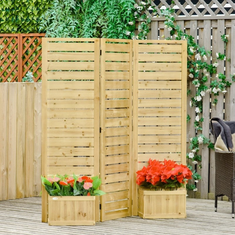 3 Panel Fir Wood Outdoor Privacy Screen with 4 Garden Bed Planters - Tampa Home & Garden Store