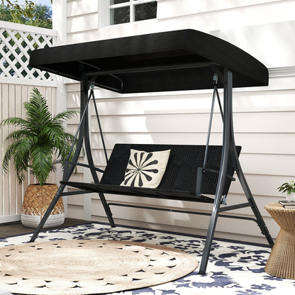 3-Person Porch Swing with Stand Outdoor Canopy Swing with Rattan Seat Back-Black