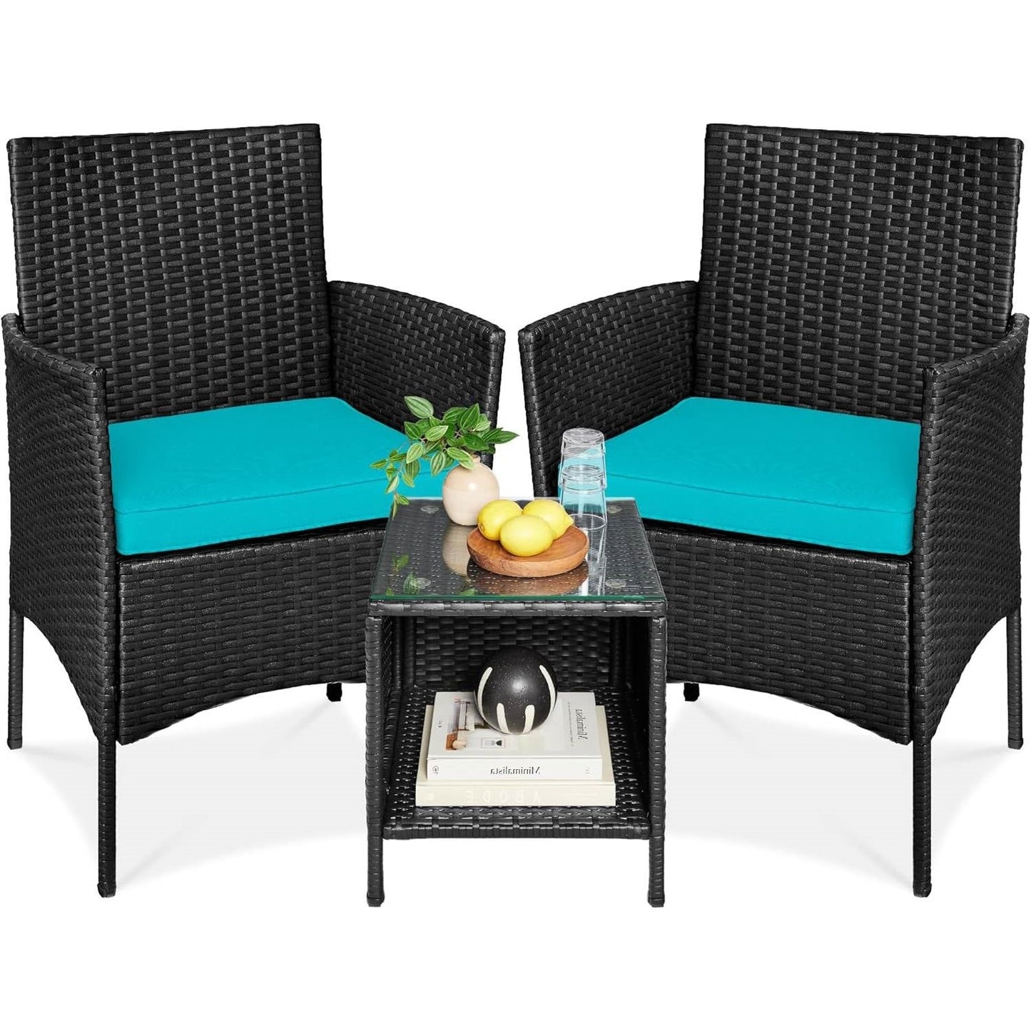 3-Piece Black PE Wicker Outdoor Dining Patio Furniture Set w/ Teal Blue Cushions - Tampa Home & Garden Store