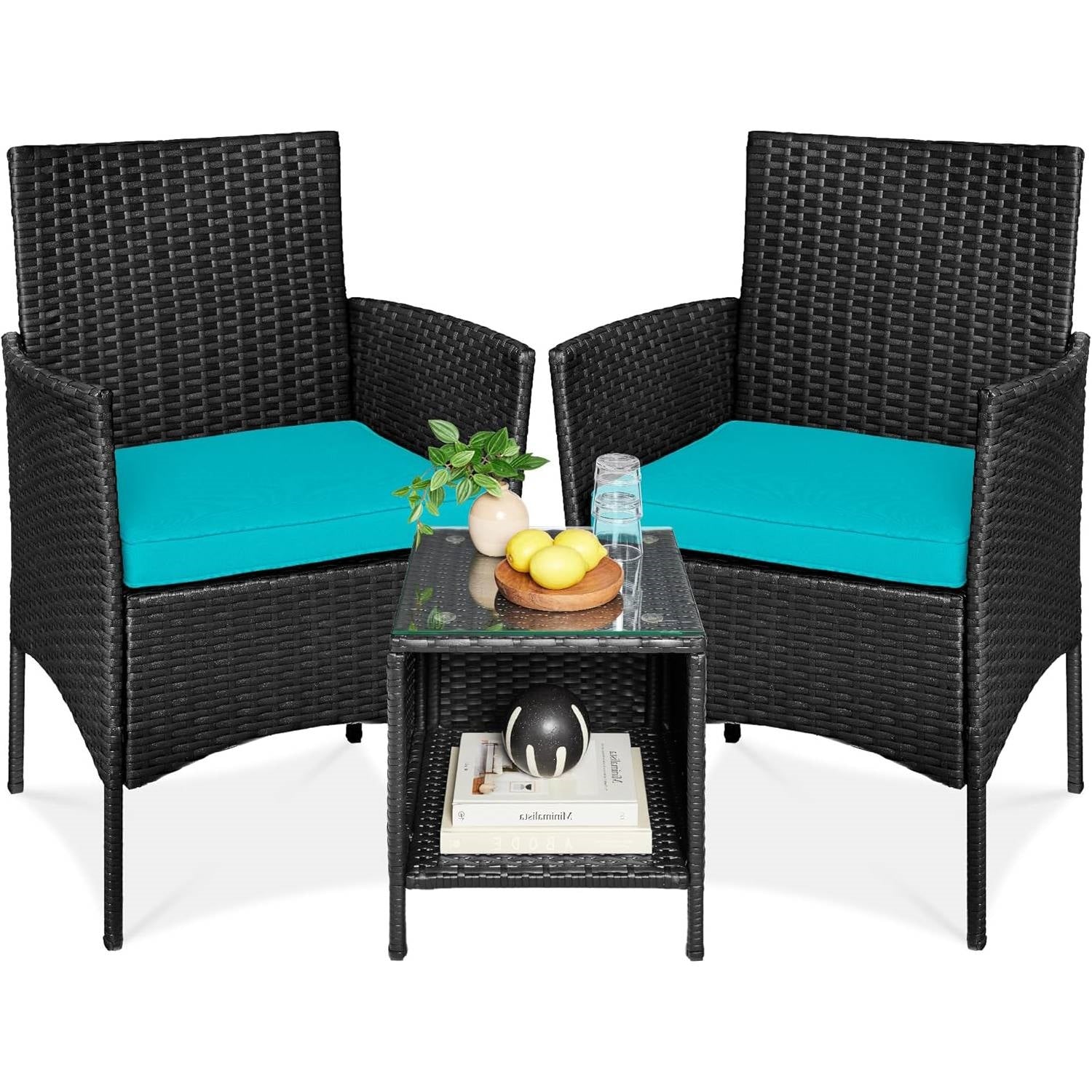 3-Piece Black PE Wicker Outdoor Dining Patio Furniture Set w/ Teal Blue Cushions - Tampa Home & Garden Store
