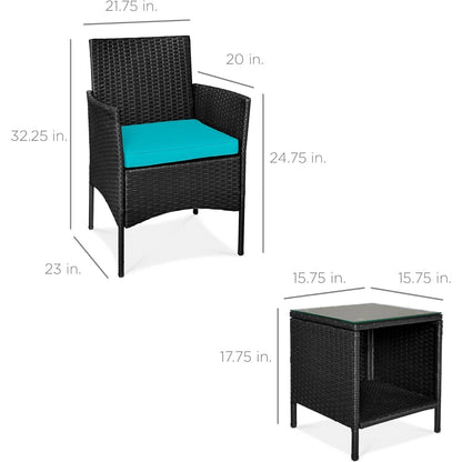 3-Piece Black PE Wicker Outdoor Dining Patio Furniture Set w/ Teal Blue Cushions - Tampa Home & Garden Store