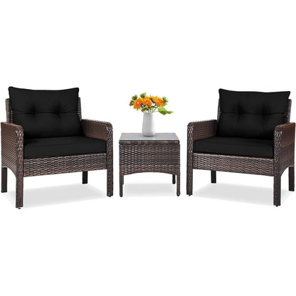 3-Piece Brown PE Rattan Outdoor Dining Patio Furniture Set with Black Cushions - Tampa Home & Garden Store