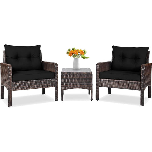 3-Piece Brown PE Rattan Outdoor Dining Patio Furniture Set with Black Cushions - Tampa Home & Garden Store