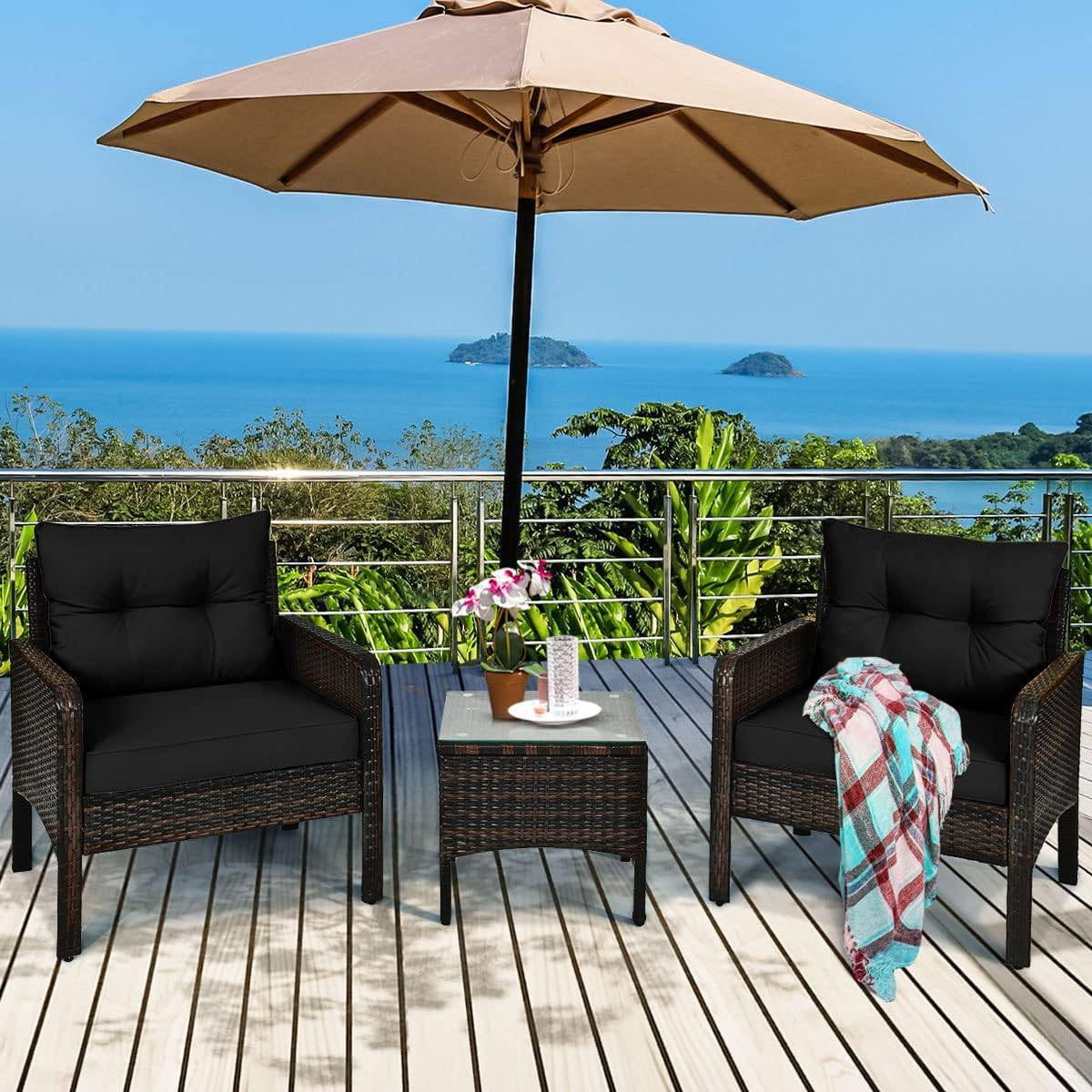 3-Piece Brown PE Rattan Outdoor Dining Patio Furniture Set with Black Cushions - Tampa Home & Garden Store