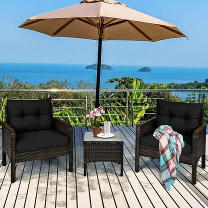3-Piece Brown PE Rattan Outdoor Dining Patio Furniture Set with Black Cushions - Tampa Home & Garden Store