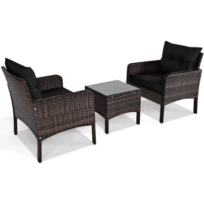 3-Piece Brown PE Rattan Outdoor Dining Patio Furniture Set with Black Cushions - Tampa Home & Garden Store