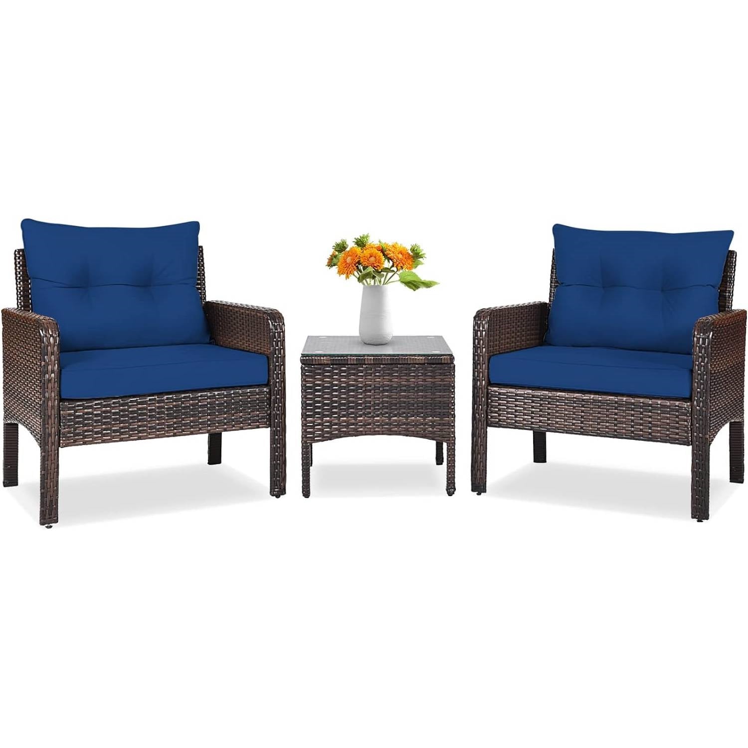 3-Piece Brown PE Rattan Outdoor Dining Patio Furniture Set with Blue Cushions - Tampa Home & Garden Store
