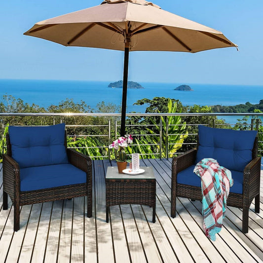 3-Piece Brown PE Rattan Outdoor Dining Patio Furniture Set with Blue Cushions - Tampa Home & Garden Store