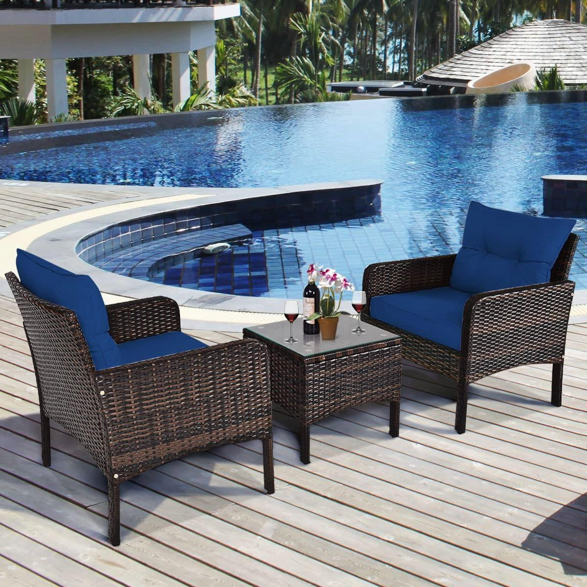 3-Piece Brown PE Rattan Outdoor Dining Patio Furniture Set with Blue Cushions - Tampa Home & Garden Store