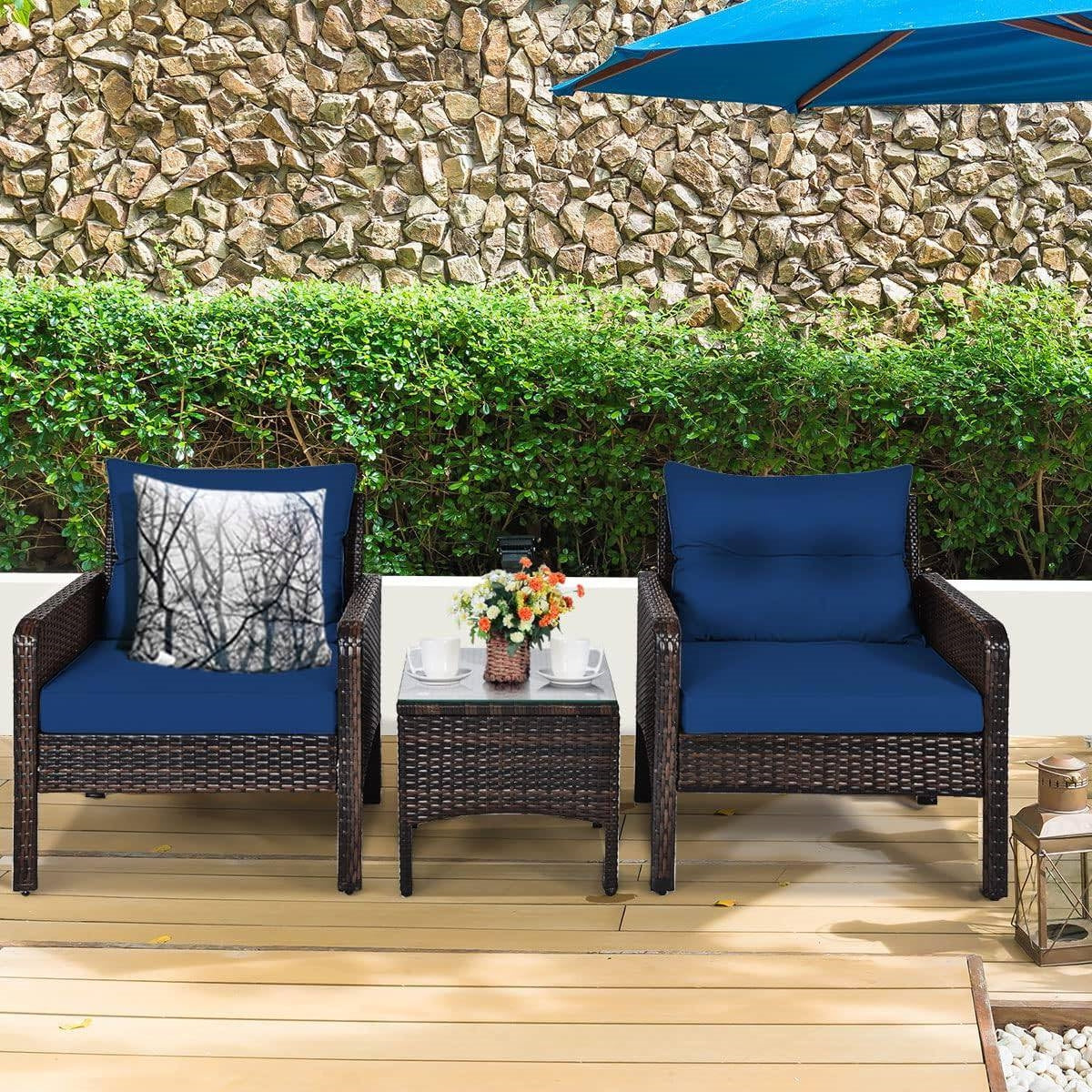 3-Piece Brown PE Rattan Outdoor Dining Patio Furniture Set with Blue Cushions - Tampa Home & Garden Store