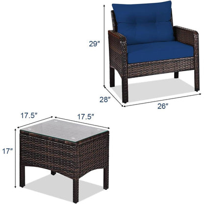 3-Piece Brown PE Rattan Outdoor Dining Patio Furniture Set with Blue Cushions - Tampa Home & Garden Store