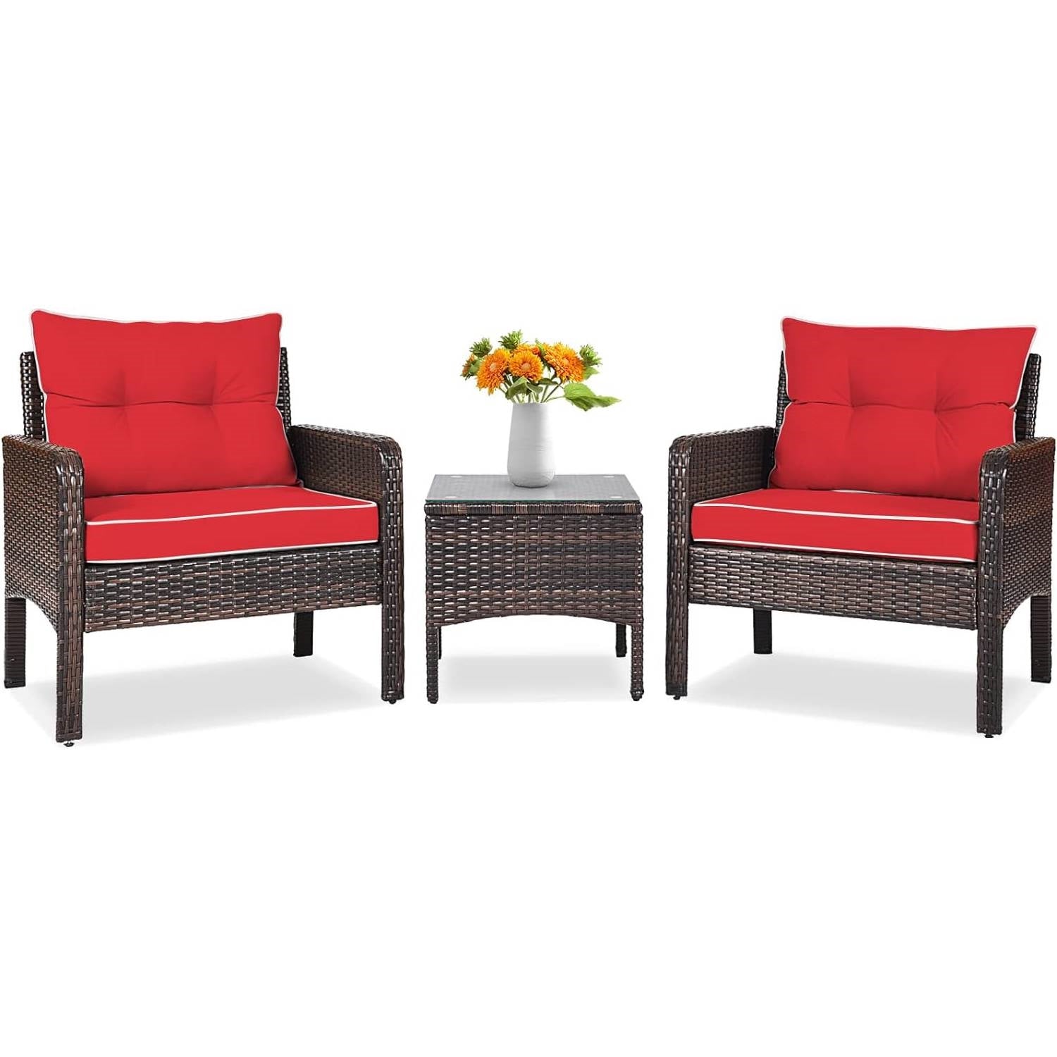 3-Piece Brown PE Rattan Outdoor Dining Patio Furniture Set with Red Cushions - Tampa Home & Garden Store