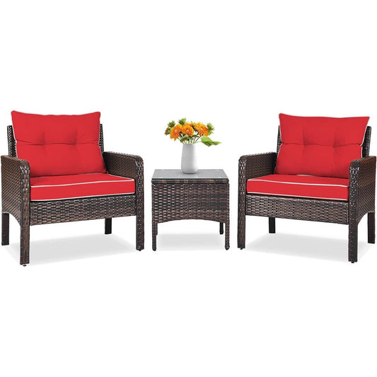 3-Piece Brown PE Rattan Outdoor Dining Patio Furniture Set with Red Cushions - Tampa Home & Garden Store