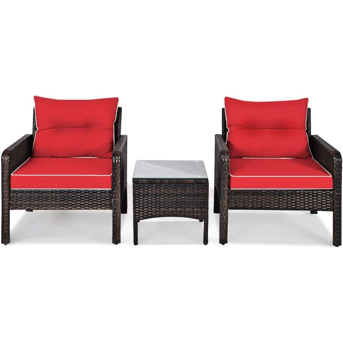 3-Piece Brown PE Rattan Outdoor Dining Patio Furniture Set with Red Cushions - Tampa Home & Garden Store