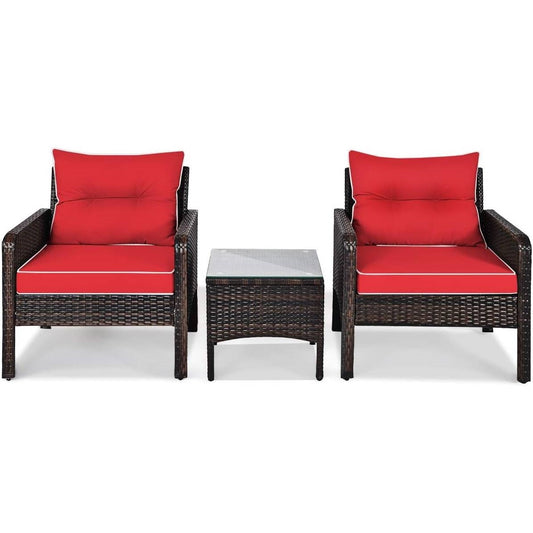 3-Piece Brown PE Rattan Outdoor Dining Patio Furniture Set with Red Cushions - Tampa Home & Garden Store