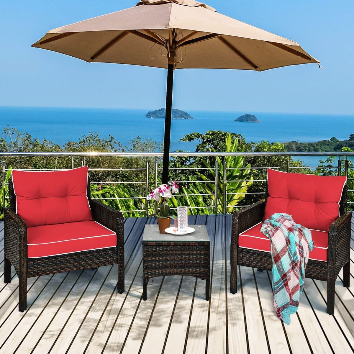 3-Piece Brown PE Rattan Outdoor Dining Patio Furniture Set with Red Cushions - Tampa Home & Garden Store