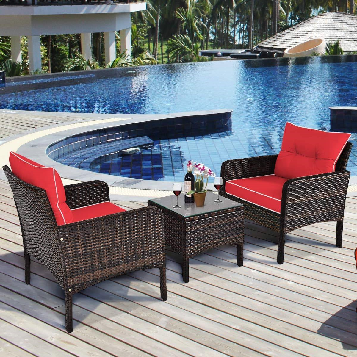 3-Piece Brown PE Rattan Outdoor Dining Patio Furniture Set with Red Cushions - Tampa Home & Garden Store
