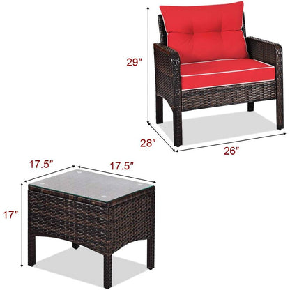3-Piece Brown PE Rattan Outdoor Dining Patio Furniture Set with Red Cushions - Tampa Home & Garden Store