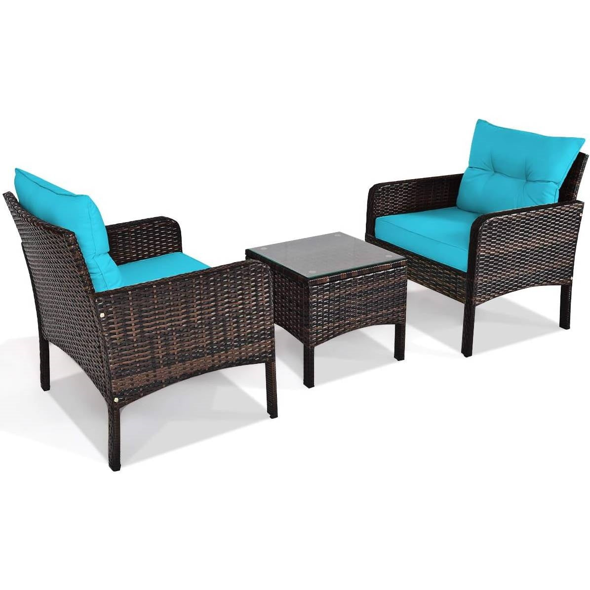 3-Piece Brown PE Rattan Outdoor Patio Furniture Dining Set w/ Turquoise Cushions - Tampa Home & Garden Store