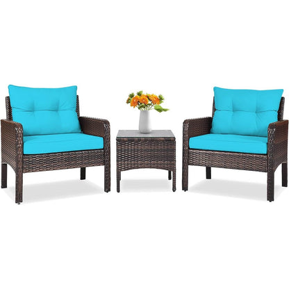 3-Piece Brown PE Rattan Outdoor Patio Furniture Dining Set w/ Turquoise Cushions - Tampa Home & Garden Store