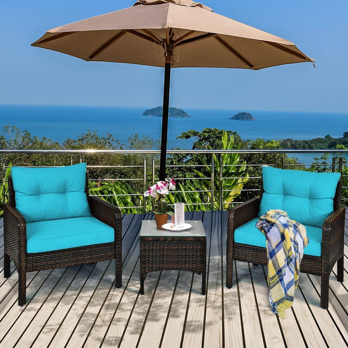 3-Piece Brown PE Rattan Outdoor Patio Furniture Dining Set w/ Turquoise Cushions - Tampa Home & Garden Store