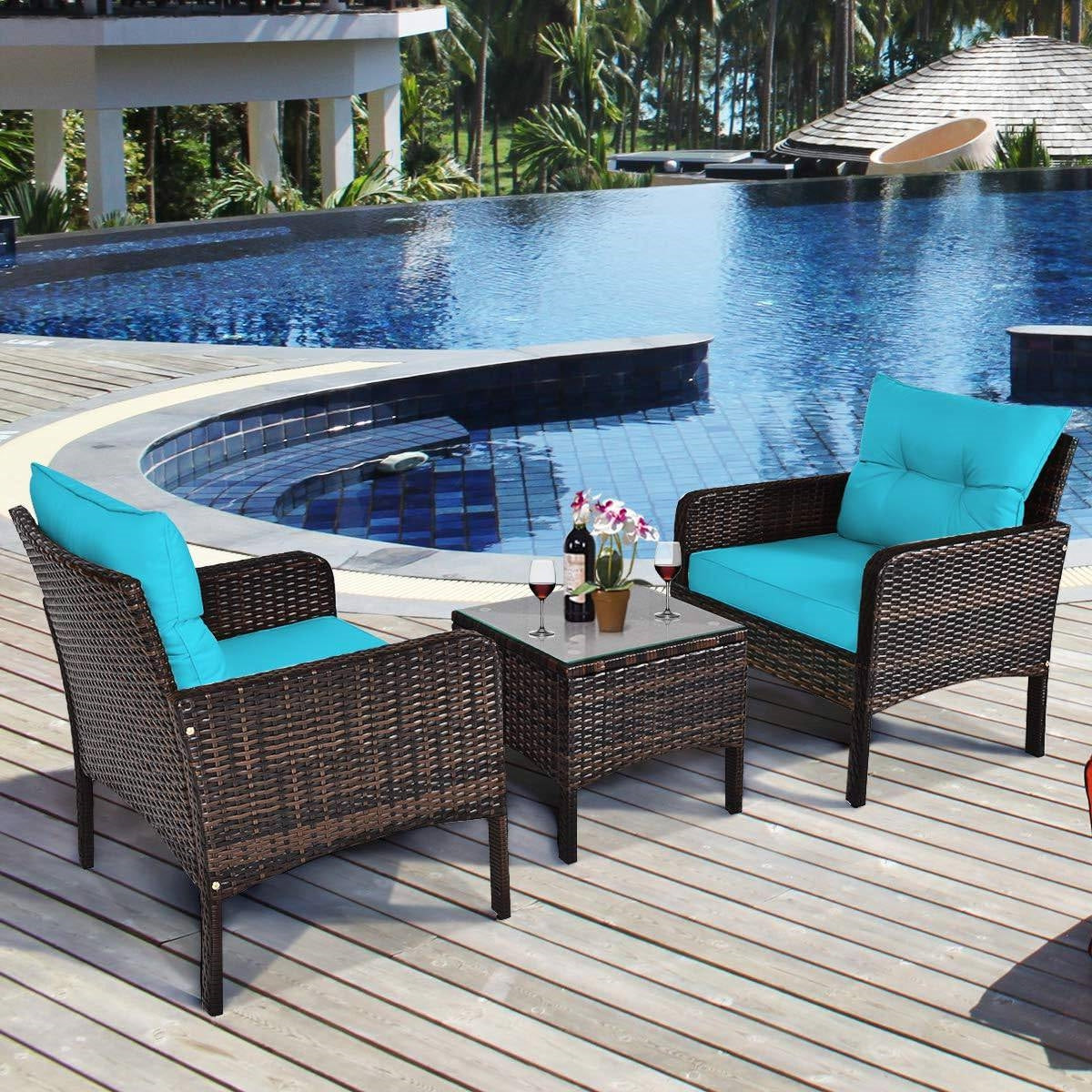 3-Piece Brown PE Rattan Outdoor Patio Furniture Dining Set w/ Turquoise Cushions - Tampa Home & Garden Store