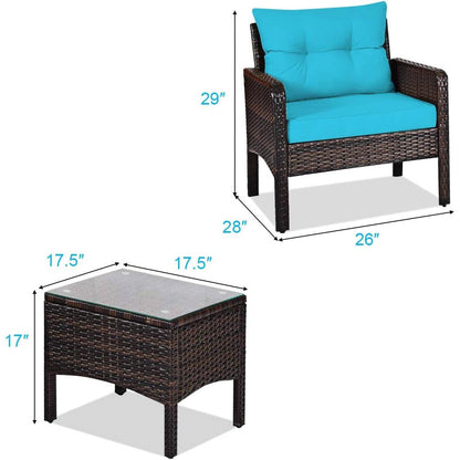 3-Piece Brown PE Rattan Outdoor Patio Furniture Dining Set w/ Turquoise Cushions - Tampa Home & Garden Store