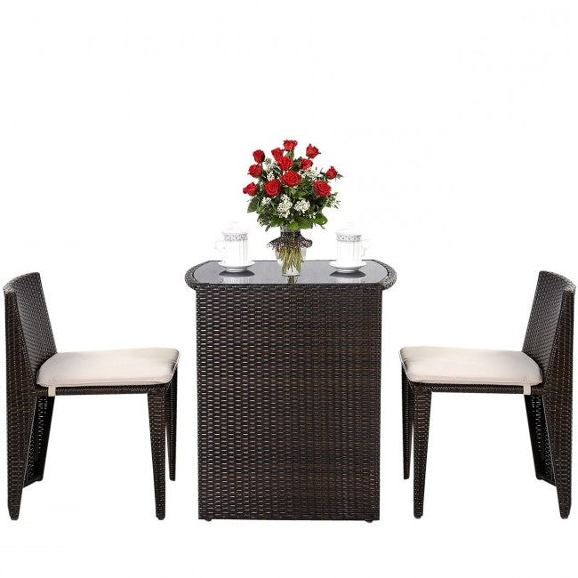 3 Piece Compact Espresso/White Wicker Patio Cushioned Outdoor Chair Table Set - Tampa Home & Garden Store