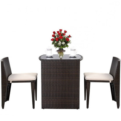 3 Piece Compact Espresso/White Wicker Patio Cushioned Outdoor Chair Table Set - Tampa Home & Garden Store
