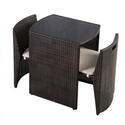 3 Piece Compact Espresso/White Wicker Patio Cushioned Outdoor Chair Table Set - Tampa Home & Garden Store