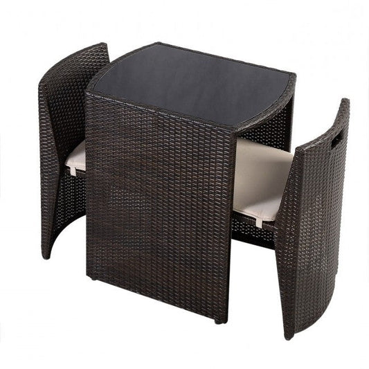 3 Piece Compact Espresso/White Wicker Patio Cushioned Outdoor Chair Table Set - Tampa Home & Garden Store