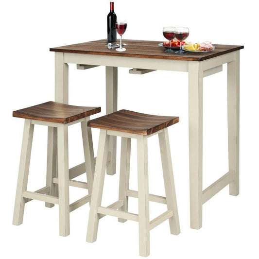 3 Piece Farmhouse Counter Height Kitchen Pub Table Set with 2 Saddle Bar Stools - Tampa Home & Garden Store