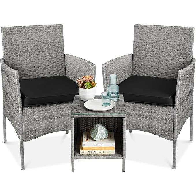 3-Piece Grey PE Wicker Outdoor Patio Furniture Dining Set with Black Cushions - Tampa Home & Garden Store