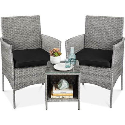 3-Piece Grey PE Wicker Outdoor Patio Furniture Dining Set with Black Cushions - Tampa Home & Garden Store