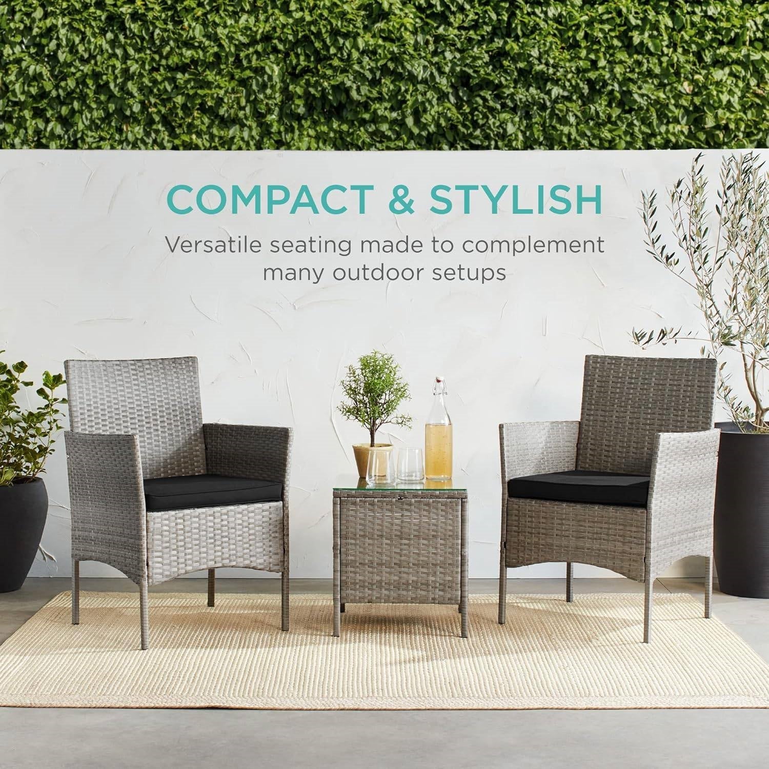 3-Piece Grey PE Wicker Outdoor Patio Furniture Dining Set with Black Cushions - Tampa Home & Garden Store