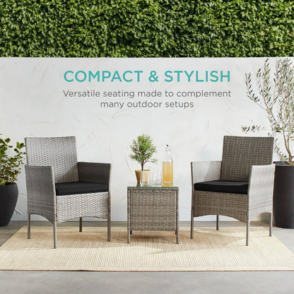 3-Piece Grey PE Wicker Outdoor Patio Furniture Dining Set with Black Cushions - Tampa Home & Garden Store