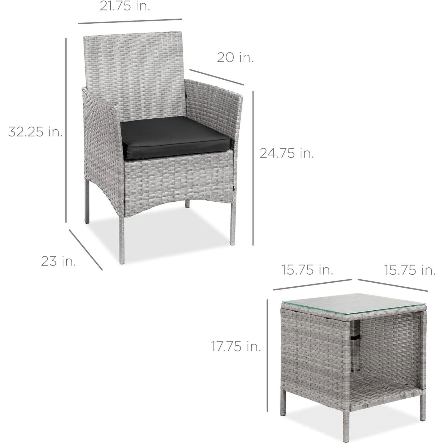 3-Piece Grey PE Wicker Outdoor Patio Furniture Dining Set with Black Cushions - Tampa Home & Garden Store