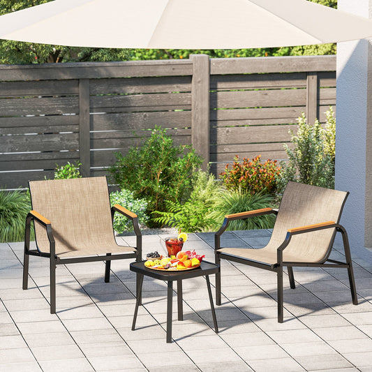 3 Piece Outdoor Chair Set with Breathable Fabric Seat and Armrests-Brown - Tampa Home & Garden Store