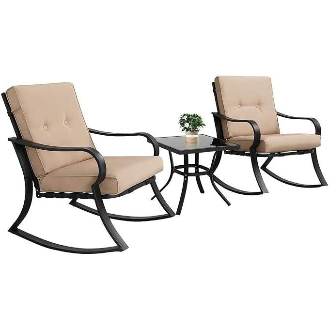 3-Piece Outdoor Patio Furniture Table Rocking Chairs Set with Beige Cushions - Tampa Home & Garden Store