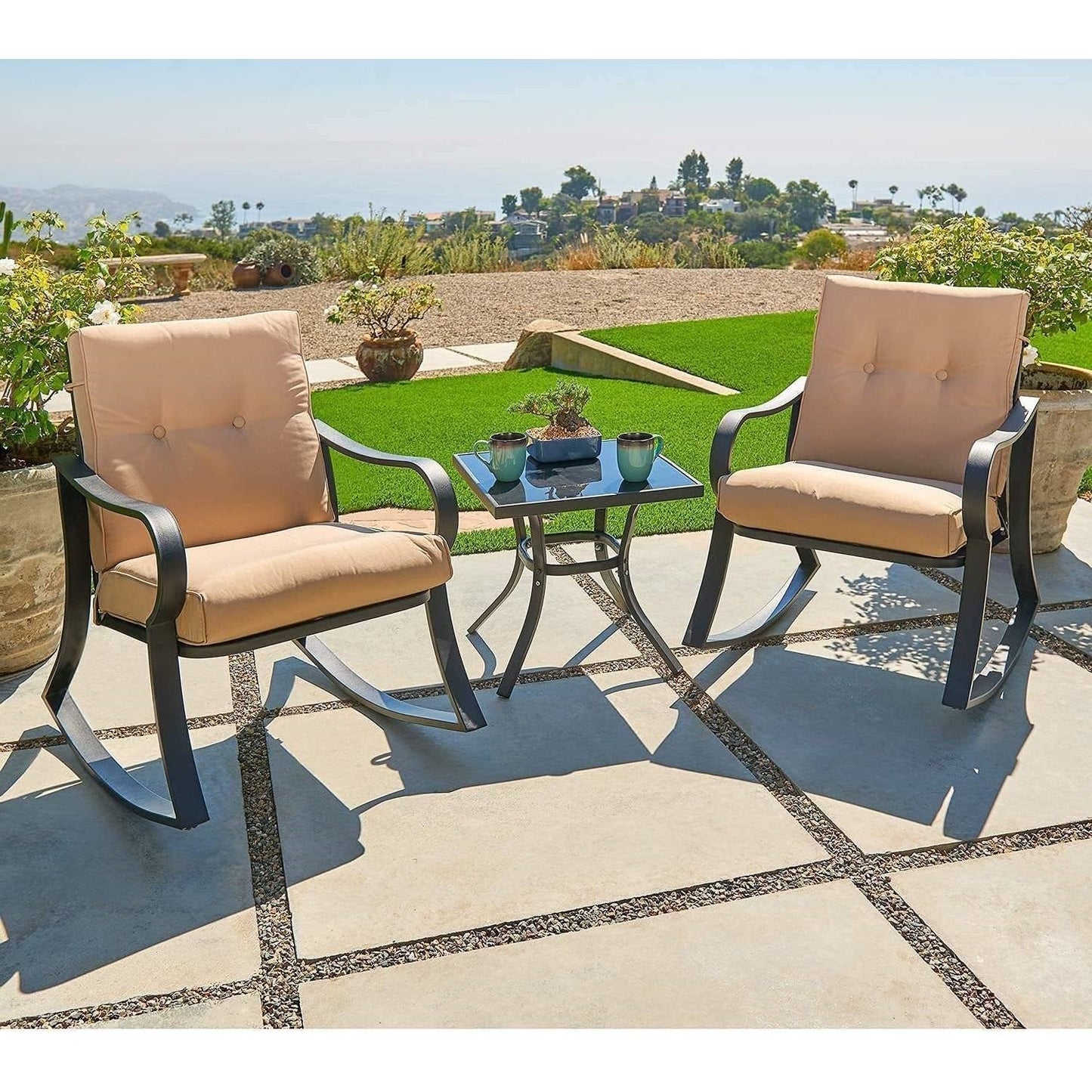 3-Piece Outdoor Patio Furniture Table Rocking Chairs Set with Beige Cushions - Tampa Home & Garden Store