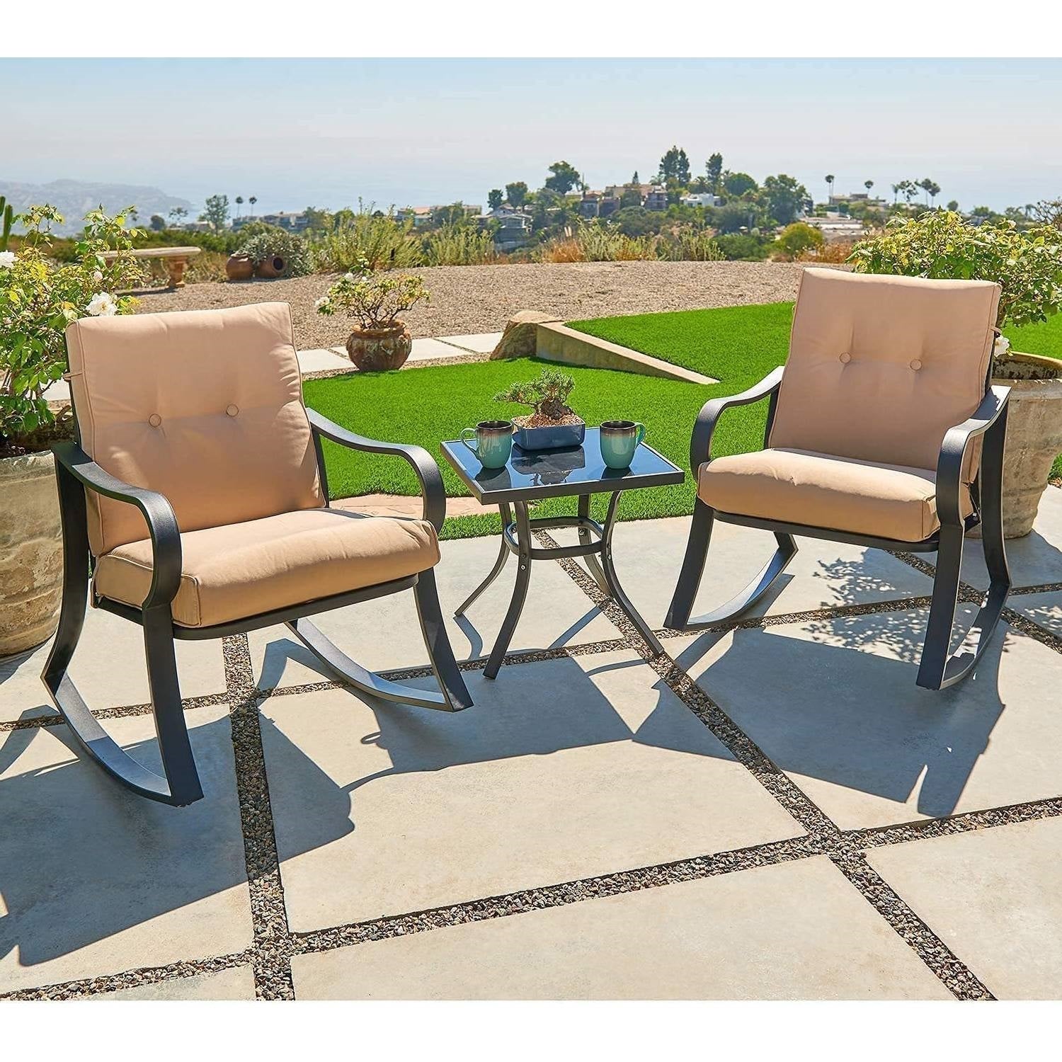 3-Piece Outdoor Patio Furniture Table Rocking Chairs Set with Beige Cushions - Tampa Home & Garden Store