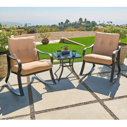 3-Piece Outdoor Patio Furniture Table Rocking Chairs Set with Beige Cushions - Tampa Home & Garden Store