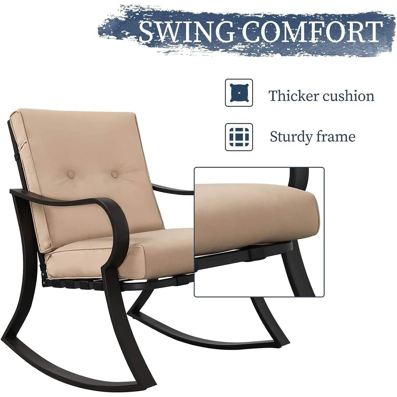 3-Piece Outdoor Patio Furniture Table Rocking Chairs Set with Beige Cushions - Tampa Home & Garden Store