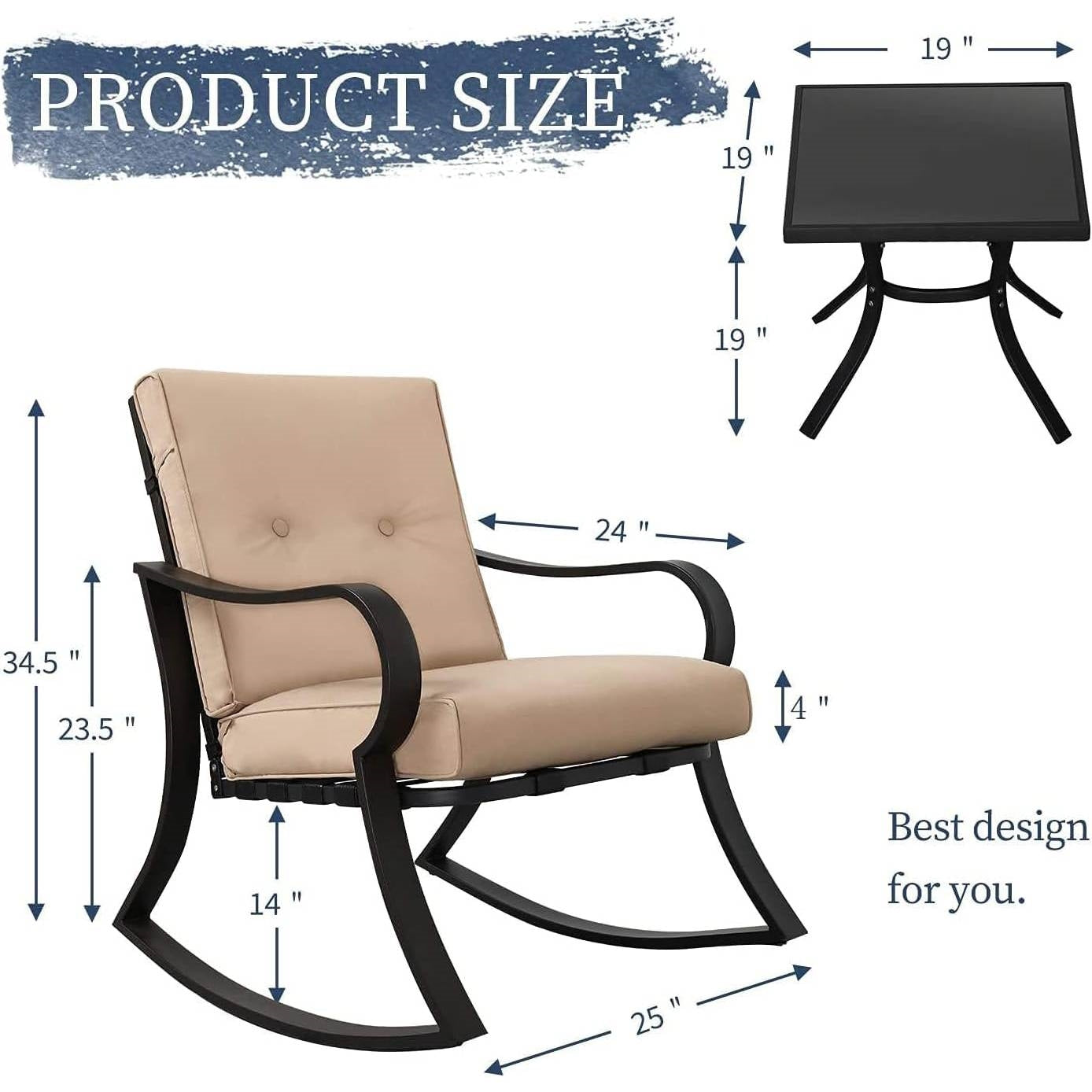 3-Piece Outdoor Patio Furniture Table Rocking Chairs Set with Beige Cushions - Tampa Home & Garden Store