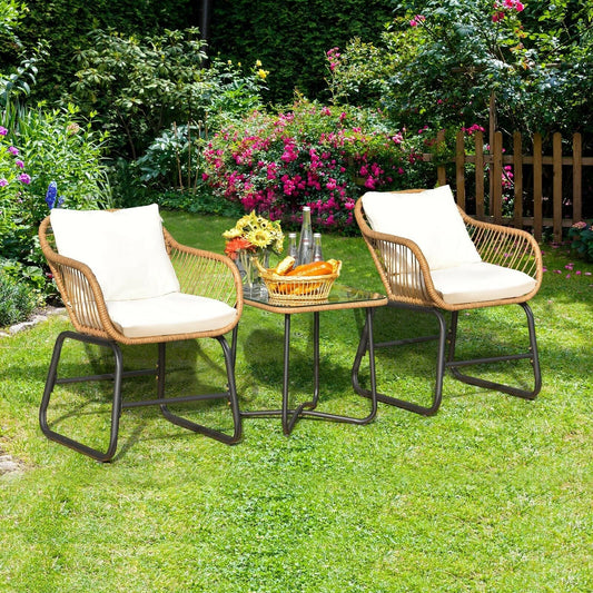 3-Piece Patio Bistro Set with 2 Rattan Chairs and Square Glass Coffee Table-White - Tampa Home & Garden Store