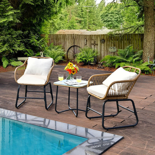 3-Piece Patio Bistro Set with 2 Rattan Chairs and Square Glass Coffee Table-White - Tampa Home & Garden Store