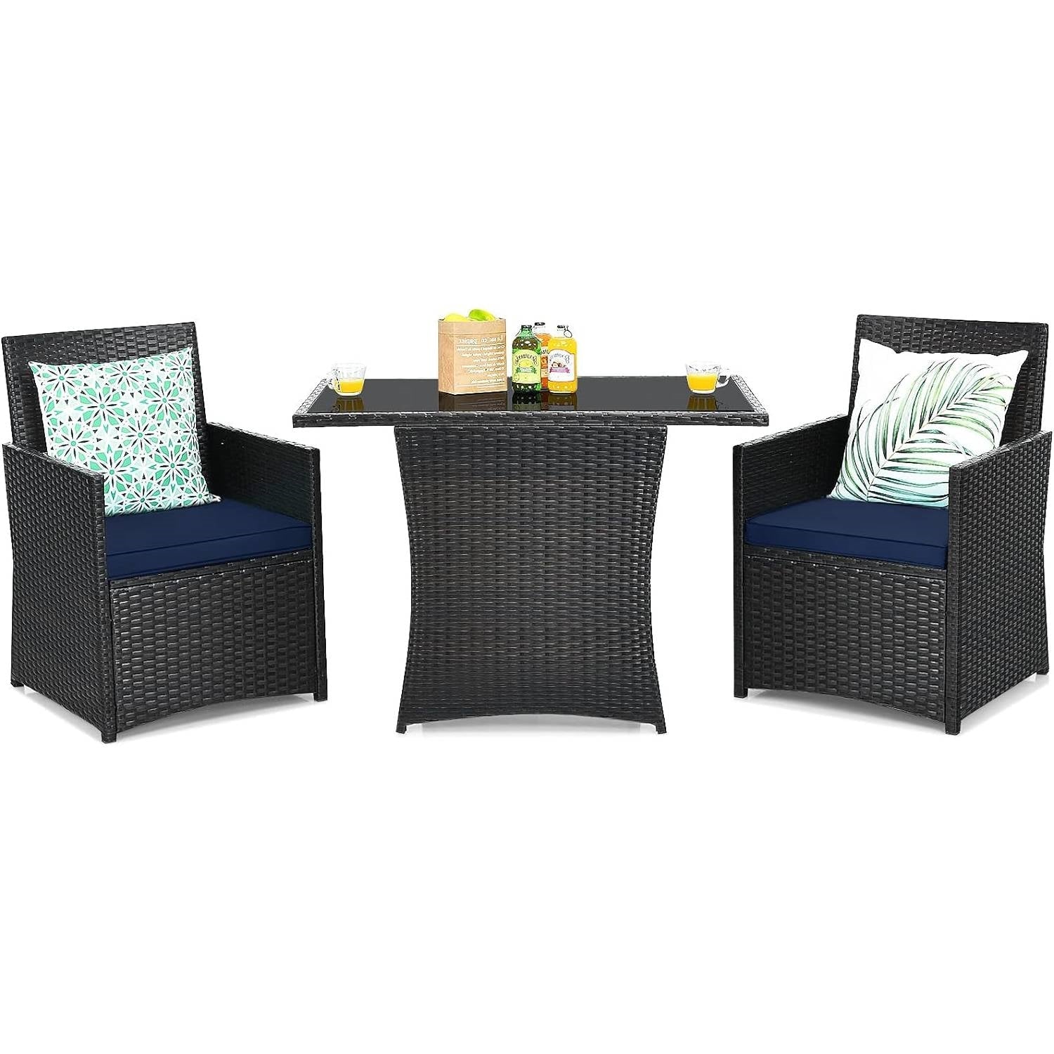 3-Piece Patio Furniture Outdoor Dining Set Brown PE Rattan Navy Blue Cushions - Tampa Home & Garden Store